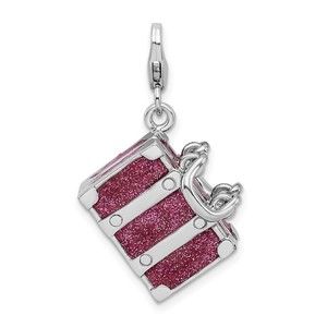 925 Silver 3-D Glitter Enameled Moveable Luggage Bracelet Charm Lobster Clasp